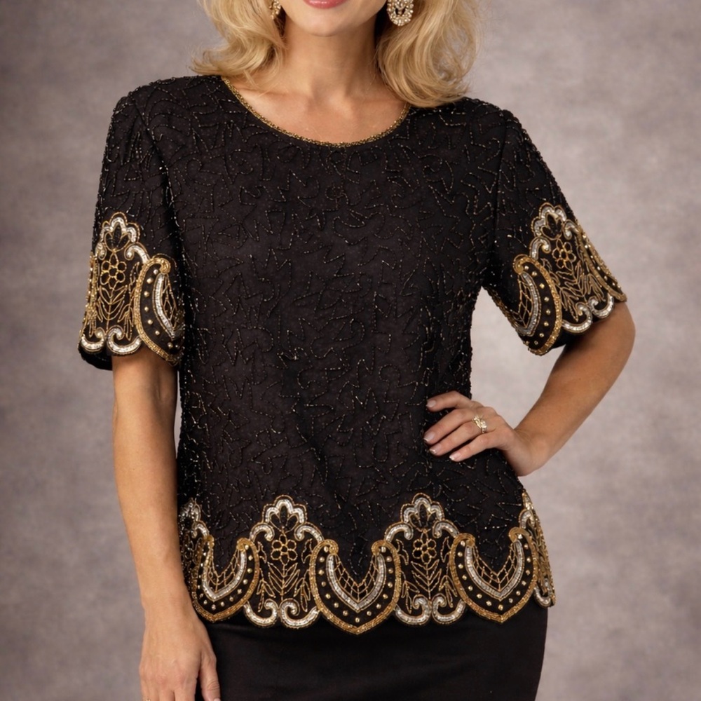 2X Vintage Lawrence Kazar New York Black & Gold Beaded Evening Top